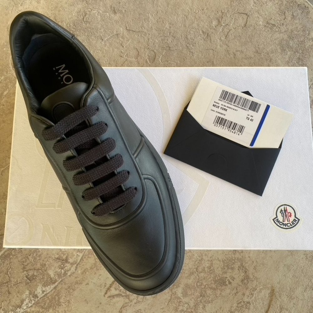 Moncler Neue York Black Leather Sneakers Men’s Size 43 US 10 Logo Italy‎ NFC New - Picture 2 of 16